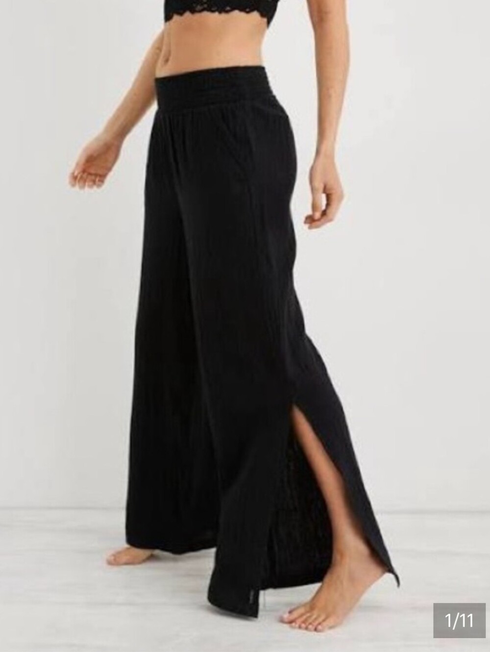 Aerie Black Wide-Leg Split-Hem Pants - Versatile Women's Lounge Trousers